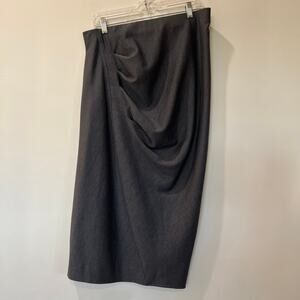 Donna Karan Wool Stretch Midi Skirt Grey Large Ruched Back Fitted Elastic Waist